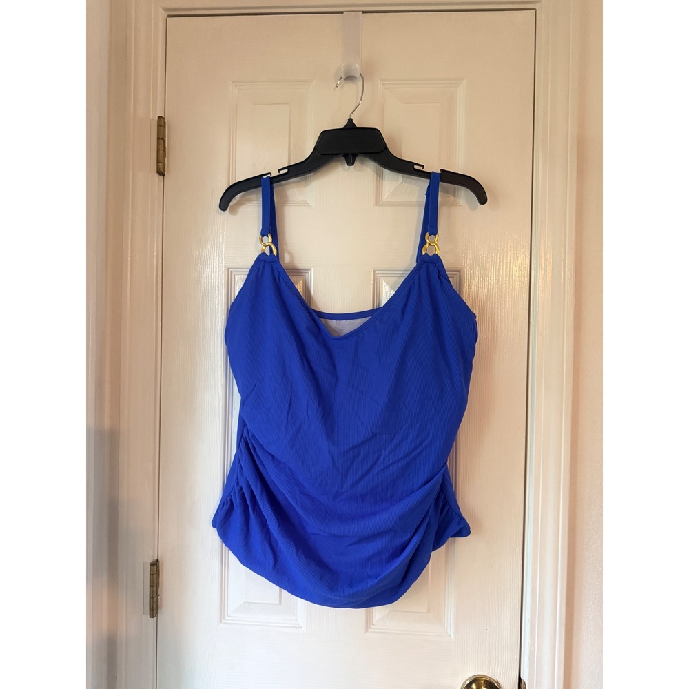 Bleu Rod Beattie Curve‎ Azur Park Blue Ribbed Ruched Tankini Top Gold Rings 20W